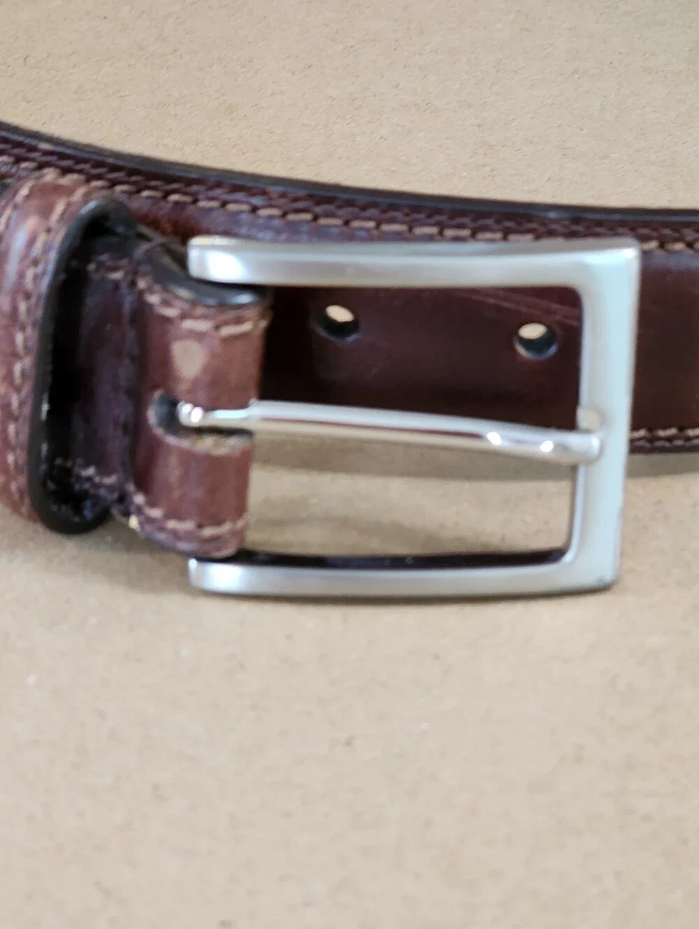 Vintage Brown Leather Belt Distressed Patina Silver Buckle Size 32 Width=1.25